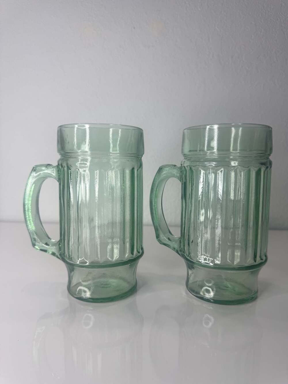Vintage Green Ribbed Glass Beer Mugs Set of 2 Anchor Hocking